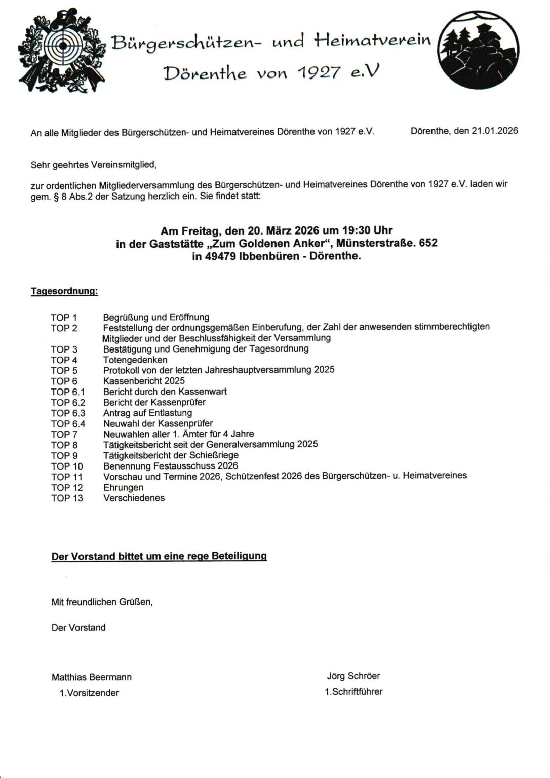 Mitgliederversammlung BSH Dörenthe 2026